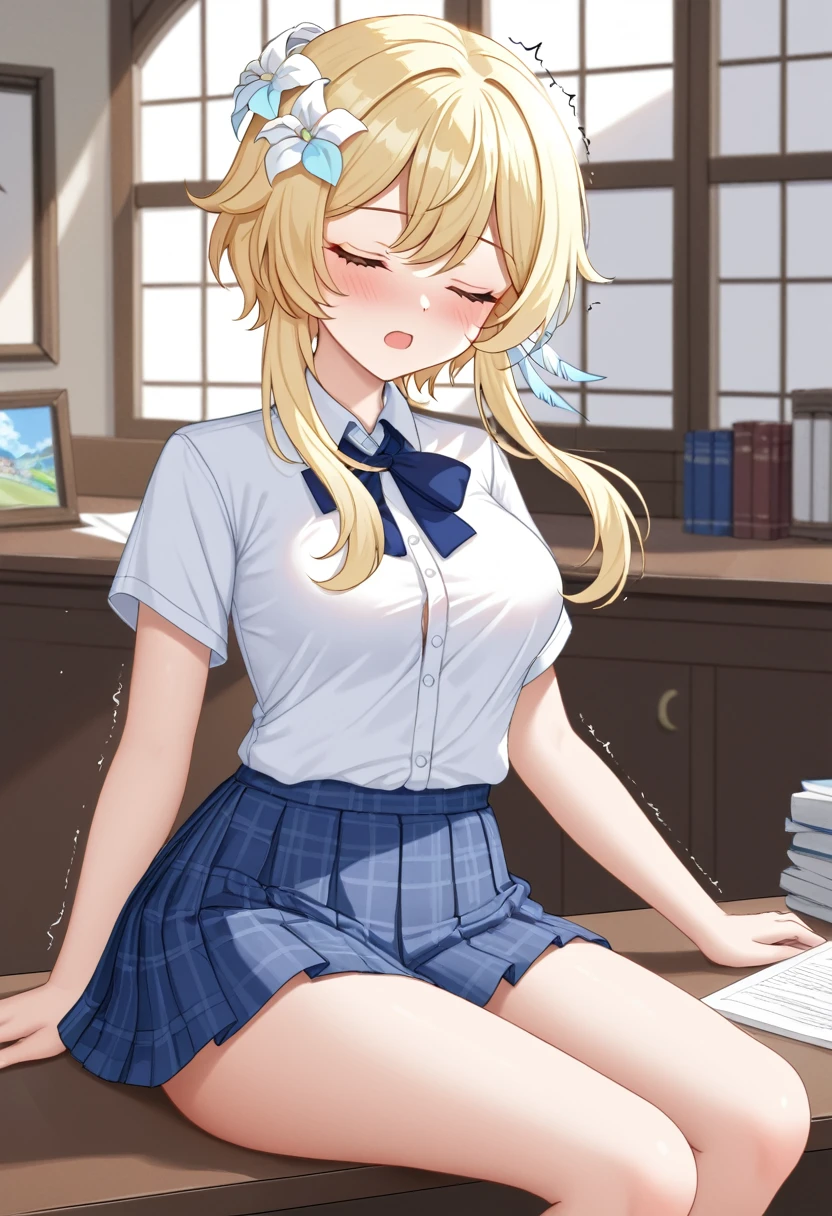 lumine (genshin impact), 1girl, solo, breasts, blush, open mouth, bangs, skirt, blonde hair, shirt, hair ornament, medium breasts, , closed eyes, white shirt, flower, short sleeves, sidelocks, pleated skirt, collared shirt, indoors, hair flower, blue skirt, plaid, plaid skirt, trembling, white flower, short hair with long locks