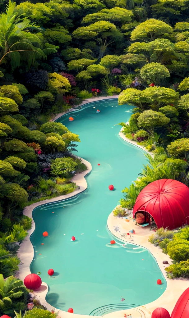 Vision，Hot summer，Two children sitting on a giant watermelon-shaped boat，Back，Wear a sun hat，Fundo verde claro，Summer elements，Lotus Pond，A hot, sunny day in midsummer，Comic Style，Fresh and beautiful atmosphere