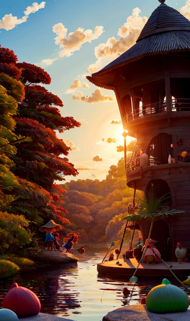 Vision,Hot summer,Two children sitting on a giant watermelon-shaped boat,Back,Wear a sun hat,Fundo verde claro,Summer elements,Lotus Pond,A hot, sunny day in midsummer,Comic Style,Fresh and beautiful atmosphere