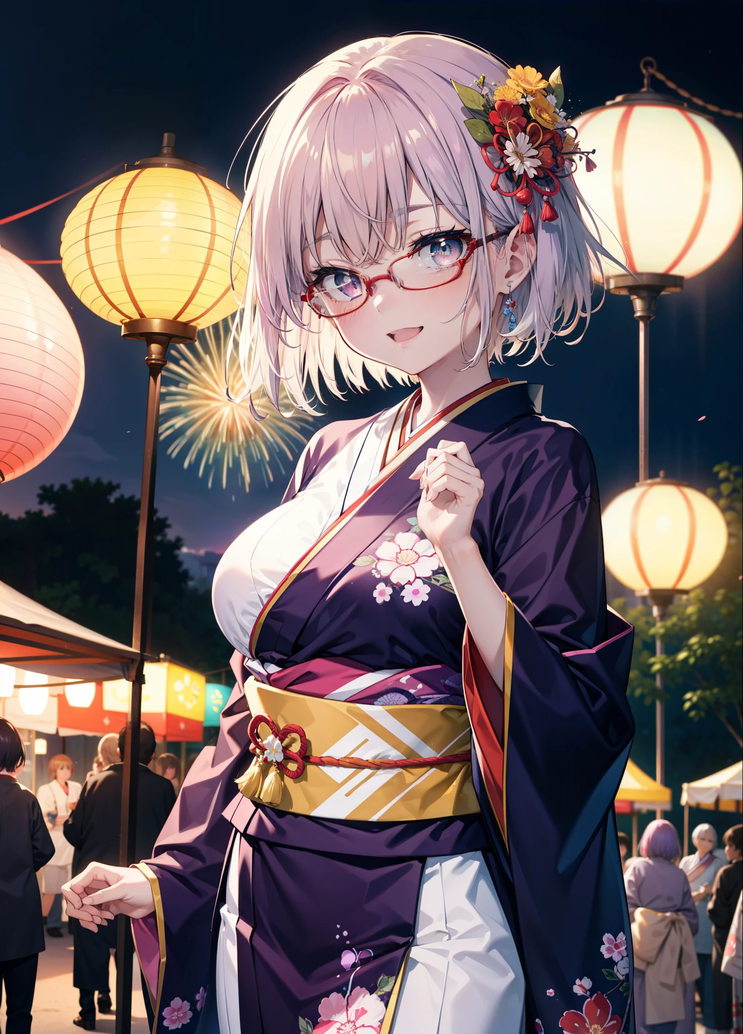 akaneshinjou, shinjou akane, Light purple hair, (Pink Eyes:1.2), happy smiles, Flower Hair Ornaments,smile, Open your mouth,short hair,Red-rimmed glasses,Big Breasts,Purple kimono,Thick sleeves,Japanese Festivals,Summer festival food stalls,Red Lantern,firework,場所はfirework大会、Time is night,Are standing,whole bodyがイラストの中に入っていくように,
break looking at viewer, whole body, break indoors, room, break (masterpiece:1.2), Highest quality, High resolution, unity 8k wallpaper, (shape:0.8), (Beautiful and beautiful eyes:1.6), Highly detailed face, Perfect lighting, Extremely detailed CG, (Perfect hands, Perfect Anatomy),