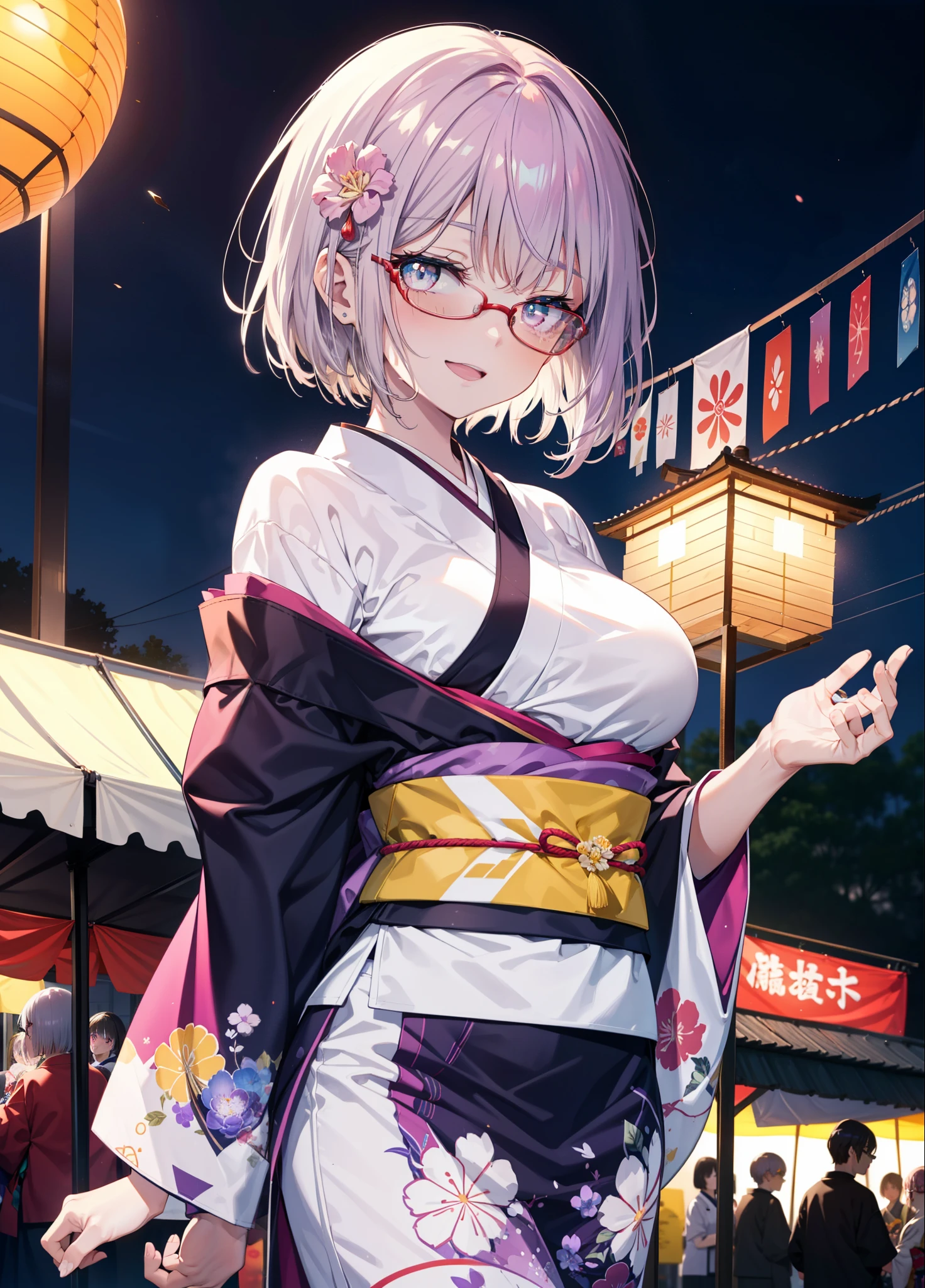 akaneshinjou, shinjou akane, Light purple hair, (Pink Eyes:1.2), happy smiles, Flower Hair Ornaments,smile, Open your mouth,short hair,Red-rimmed glasses,Big Breasts,Purple kimono,Thick sleeves,Japanese Festivals,Summer festival food stalls,Red Lantern,firework,場所はfirework大会、Time is night,Are standing,whole bodyがイラストの中に入っていくように,
break looking at viewer, whole body, break indoors, room, break (masterpiece:1.2), Highest quality, High resolution, unity 8k wallpaper, (shape:0.8), (Beautiful and beautiful eyes:1.6), Highly detailed face, Perfect lighting, Extremely detailed CG, (Perfect hands, Perfect Anatomy),
