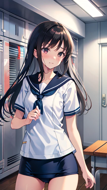 masterpiece,Highest quality,High resolution,shape,Very detailed,8k wallpaper,Ray Tracing,girl,(Black Hair:1.1),((Long Hair:1.1)),(Black Eye 1:1.1),Straight hair,Medium Chest,((embarrassing 1:1.3)),((Female organ 1:1.3)),((white short sleeve sailor uniform:1.2)),locker room,School Swimsuit