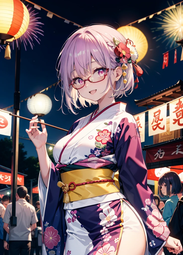 akaneshinjou, shinjou akane, Light purple hair, (Pink Eyes:1.2), happy smiles, Flower Hair Ornaments,smile, Open your mouth,short hair,Red-rimmed glasses,Big Breasts,Purple kimono,Thick sleeves,Japanese Festivals,Summer festival food stalls,Red Lantern,firework,場所はfirework大会、Time is night,Are standing,whole bodyがイラストの中に入っていくように,
break looking at viewer, whole body, 　　　　　　　　break indoors, room,　　　　　　　　　　 　　　break (masterpiece:1.2), Highest quality, High resolution, unity 8k wallpaper, (shape:0.8), (Beautiful and beautiful eyes:1.6), Highly detailed face, Perfect lighting, Extremely detailed CG, (Perfect hands, Perfect Anatomy),