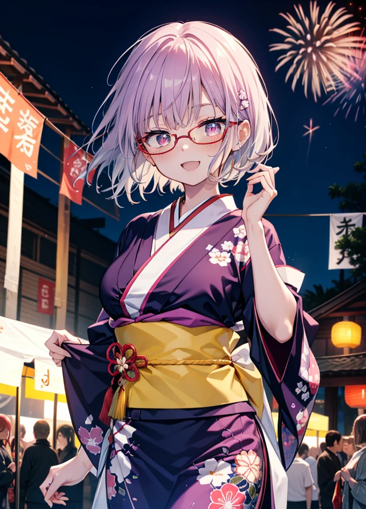 akaneshinjou, shinjou akane, Light purple hair, (Pink Eyes:1.2), happy smiles, Flower Hair Ornaments,smile, Open your mouth,short hair,Red-rimmed glasses,Big Breasts,Purple kimono,Thick sleeves,Japanese Festivals,Summer festival food stalls,Red Lantern,firework,場所はfirework大会、Time is night,Are standing,whole bodyがイラストの中に入っていくように,
break looking at viewer, whole body, break indoors, room, break (masterpiece:1.2), Highest quality, High resolution, unity 8k wallpaper, (shape:0.8), (Beautiful and beautiful eyes:1.6), Highly detailed face, Perfect lighting, Extremely detailed CG, (Perfect hands, Perfect Anatomy),