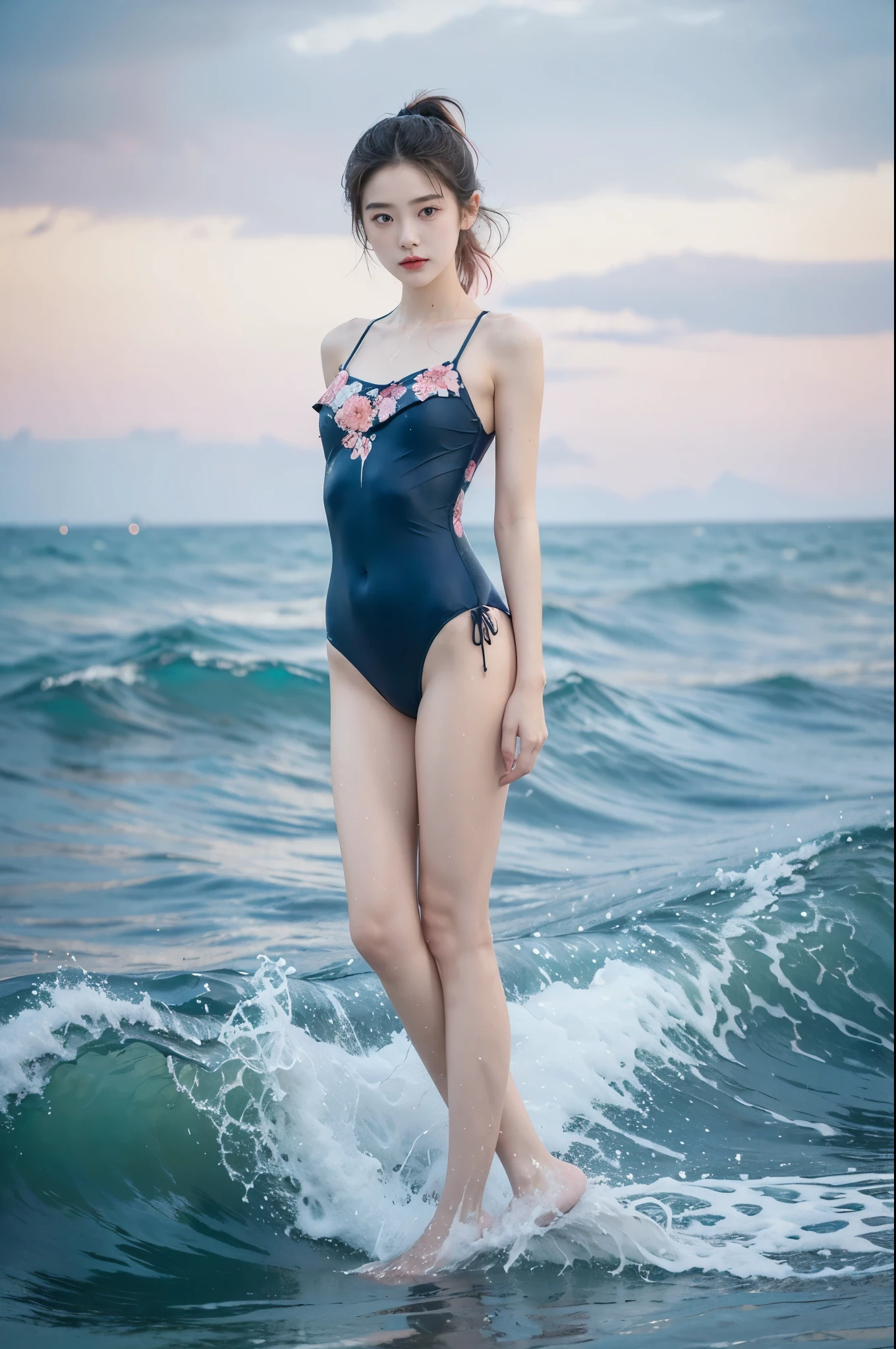 (((best quality))), (((ultra detailed))), (((masterpiece))), illustration,((1 beautiful young girl,solo)),((slim,thin)),(vibrant pink floral swimsuit:1.3),((small breasts,flat chest)),(short ponytail:1.2),((shiny skin,sweat,wet)),(slender legs:1.2),seaside, summer, joyful, playful, physical features, smooth fair skin, gentle sea breeze, endless azure sky, picturesque backdrop, whiteness of sand, deep blues of the sea, waves crashing, internal turmoil, transformation,on the cusp of womanhood, confidence, sexuality, metaphorical plunge, next chapter of life,significance of the moment, beauty of the seaside, celebration of youth, excitement of summer ahead,(standing:1.3),(from front:1.3),(full body:1.3)