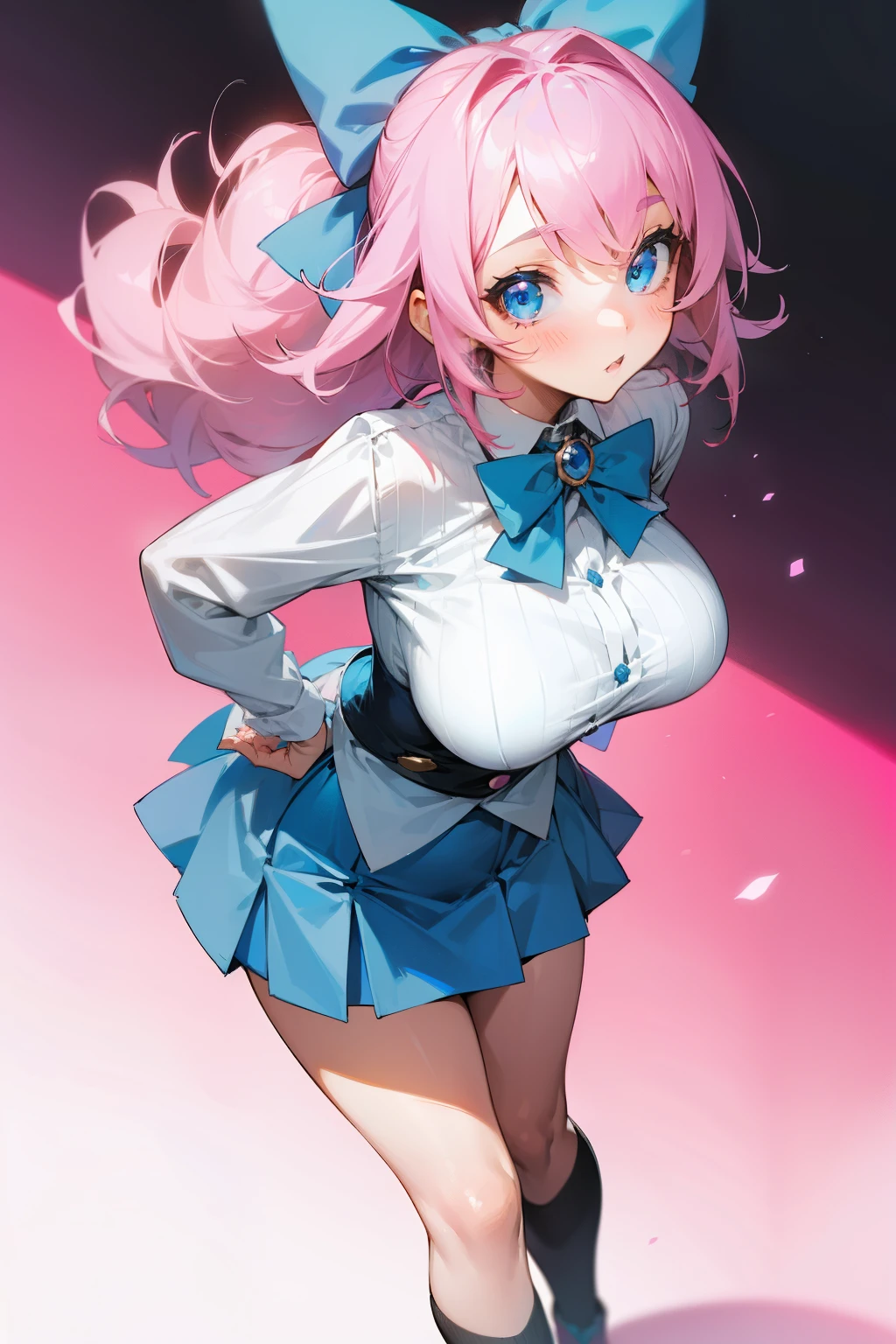 Cute girl, pink hair, blue eyes, hair bow, , big breasts, short blue skirt, shy