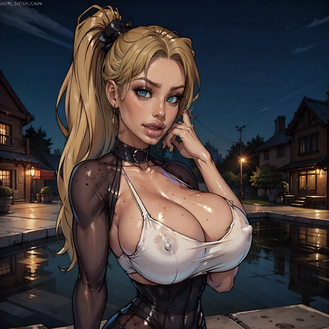 vampire,(night),blood,victorian,dress,artificial light,lamppost,docks,cleavage,hand on face,fangs,licking,freckles,bridge,body freckles,looking at viewer, harley quinn