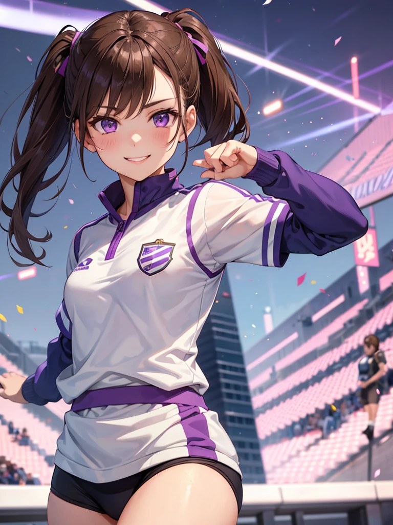 girl, brown hair tied in two, purple eyes, wear uniform, her hair is tied. strong girl, intrepid, sports uniform, domination type, her hair is twins ponytails, girl who loves sports, intrepid, punch, thug, Track and Field Club, smiled proudly