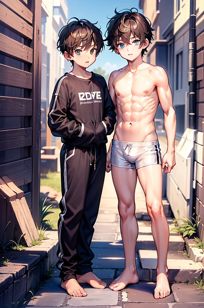 (4k, best quality, masterpiece:1.2), ultra-detailed, realistic, photorealistic, HDR, UHD, studio lighting, extremely detailed eyes and face, beautiful detailed eyes, beautiful detailed lips, longeyelashes, young man with back-colored hair, black eyes, barefoot, stand, focused on feet, sexy and muscular legs, blushing, youthful:1.4, boy:1.4, shota:1.4, male:1.4, handsome:1.4, abs, muscular physique, 16-year-old boy, 175cm tall, well-defined muscle lines,black shorts