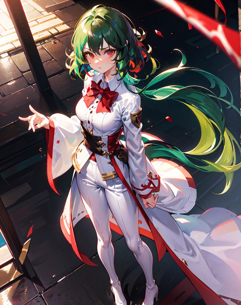 {{masterpiece}}, best quality, ultra, detailed ,extremely detailed CG unity 8k wallpaper, cinematic lighting, lens flare, beautiful detail eyes, red eyes, side glance, Full body portrait、（Image idol sculpture、A lovely idol pose） , colorful light, particles,  (colorful:1.5), (dark green hair, short hair, Perm Hair:1.2), white Blouse , white short pants, long boots , chocolate colored coat ,red bow tie, (proud:1.0),(elegant:1.0), (fascinating:1.2), (scowl:1.1), (stare at viewer :1.5) , lankly,tall, toned , slimed, 