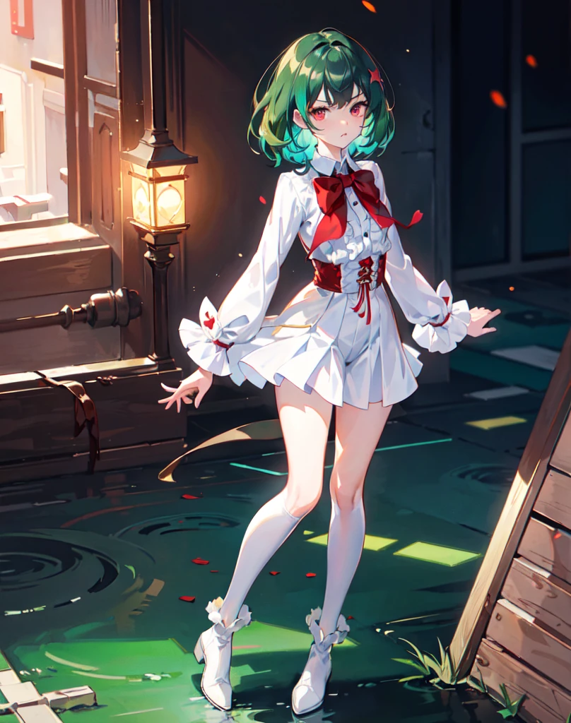 {{masterpiece}}, best quality, ultra, detailed ,extremely detailed CG unity 8k wallpaper, cinematic lighting, lens flare, beautiful detail eyes, red eyes, side glance, Full body portrait、(Image idol sculpture、A lovely idol pose) , colorful light, particles, (colorful:1.5), (dark green hair, short hair, Perm Hair:1.2), white Blouse , white short pants, long boots , chocolate colored coat ,red bow tie, (proud:1.0),(elegant:1.0), (fascinating:1.2), (scowl:1.1), (stare at viewer :1.5) , lankly,tall, toned , slimed,