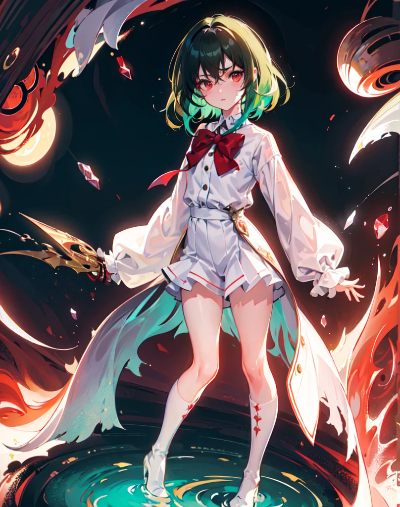 {{masterpiece}}, best quality, ultra, detailed ,extremely detailed CG unity 8k wallpaper, cinematic lighting, lens flare, beautiful detail eyes, red eyes, side glance, Full body portrait、(Image idol sculpture、A lovely idol pose) , colorful light, particles, (colorful:1.5), (dark green hair, short hair, Perm Hair:1.2), white Blouse , white short pants, long boots , chocolate colored coat ,red bow tie, (proud:1.0),(elegant:1.0), (fascinating:1.2), (scowl:1.1), (stare at viewer :1.5) , lankly,tall, toned , slimed,