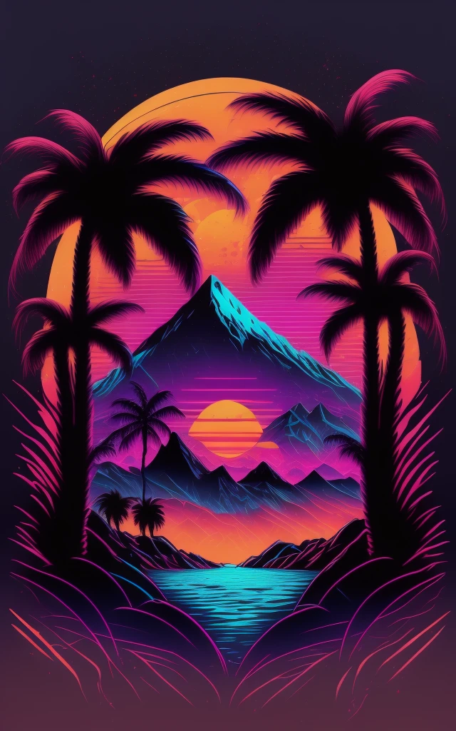 mountainscape, palm trees and sun, vectorised, synthetic wave, purple blue red orange, bright neon colors on a dark background,
