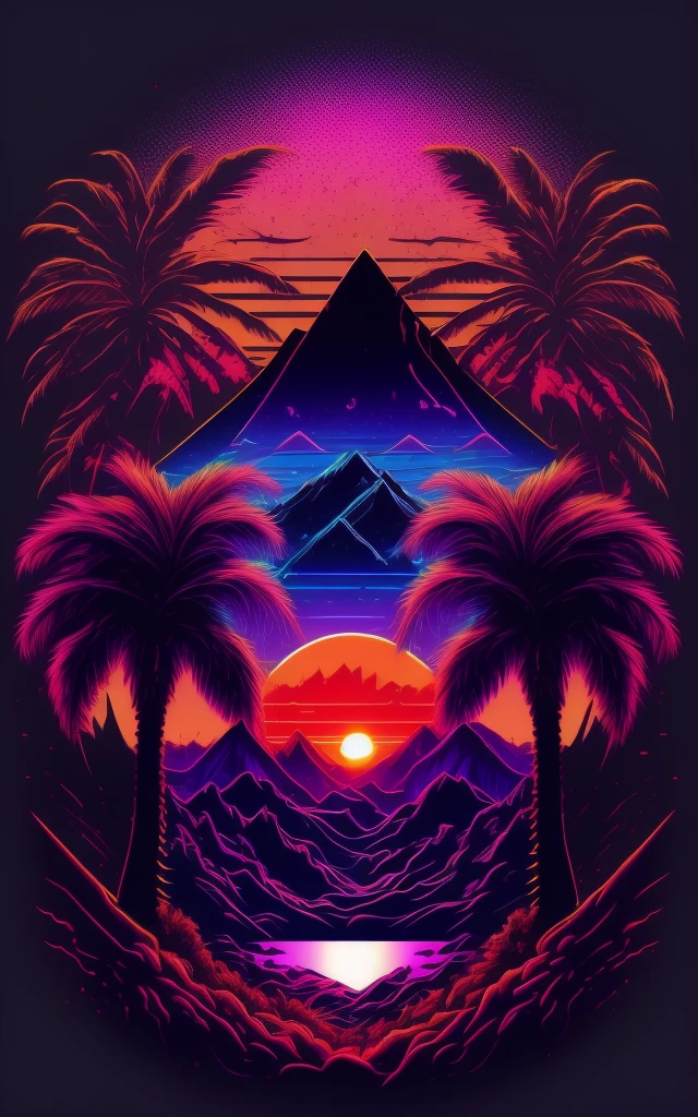 mountainscape, palm trees and sun, vectorised, synthetic wave, purple blue red orange, bright neon colors on a dark background,