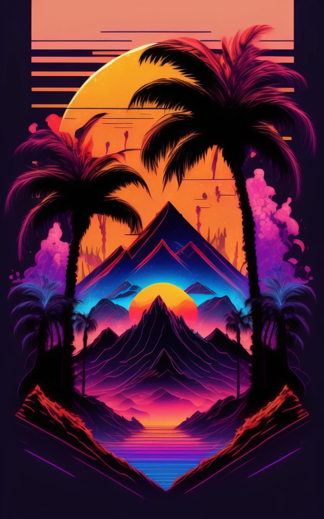 mountainscape, palm trees and sun, vectorised, synthetic wave, purple blue red orange, bright neon colors on a dark background,