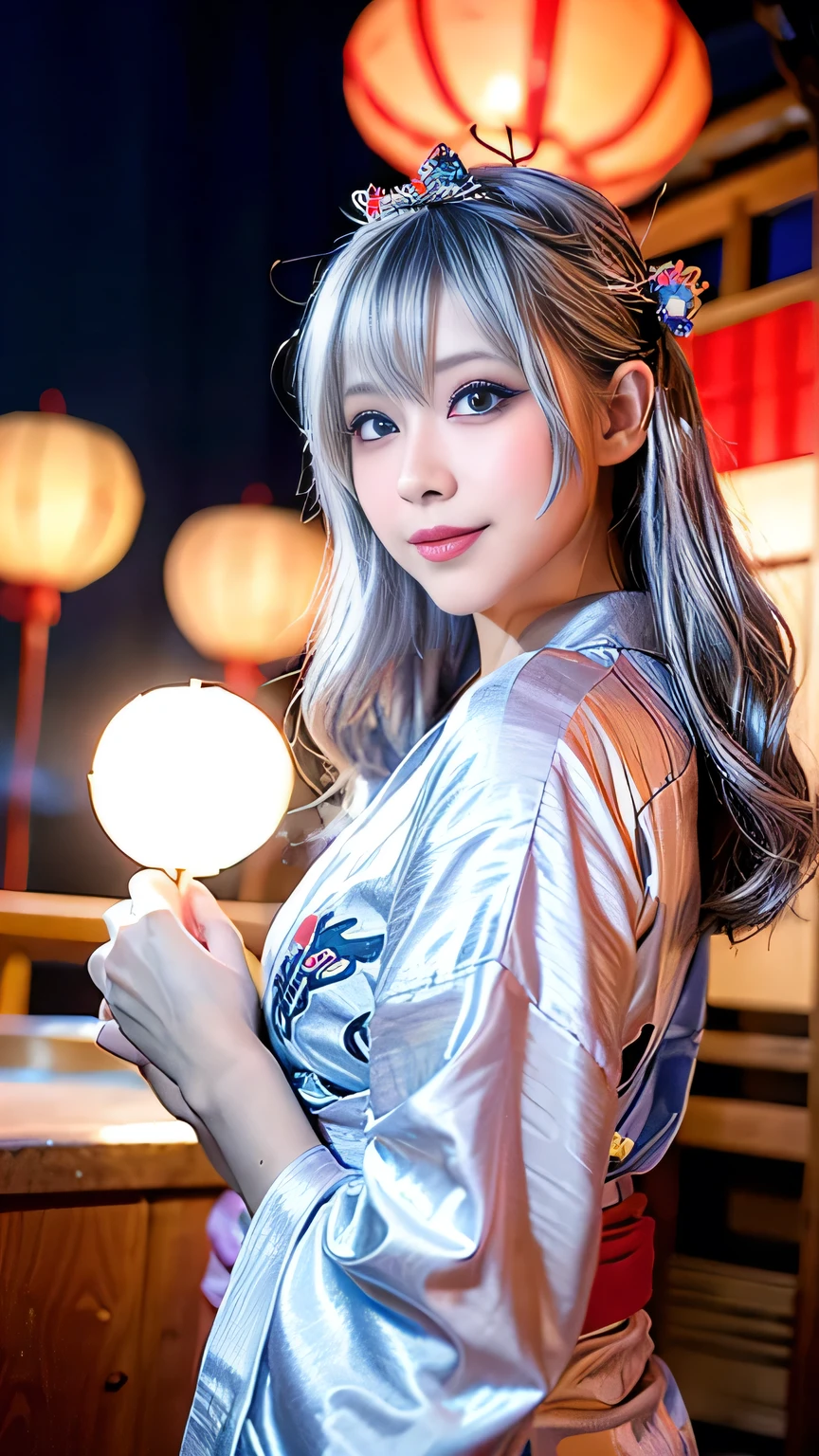 seed:4195271995,((Full Body Angle:1.1)),((Highest quality, 8K, masterpiece: 1.3)), concentrated: 1.2,Front hair:1.3, Cute girl 1,Nipples erect、 Perfect beauty: 1.4,A colorful casual red and white fruit print T-shirt、Shorts,: 1.2,Randall Color、comics&Text Graphics、Black,1.1, Highly detailed face and skin textures, Fine grain, double eyelid, whitening skin, ,Highest quality,Ultra-high resolution,you,1 girl,alone,_Shiny_skin,Iris,necklace,((brown_length_Wavy_hair)),(lips)),eyelash,Front hair,deal with,compensate,Shiny,pore,skin big breasts、(smiling face)、Front hair、Walking in the park、walk、top-quality、masterpiece、超A high resolution、(Photorealsitic:1.4)、Raw photo、Detailed CG image quality、cyberpunked、(Fireworks Festival:1.4)、Beautiful fece、1girl in、japanes、18year old、(blue eyess:1.2)、pink lipsticks、A smile、(Silvery head hair:1.4)、skin tanned、(hair ornament:1.4)、(bath robe:1.4), (Short-length yukata:1.4)、cleavage of the breast、detailed portrait、8K picture quality、concept-art、Cinematic and dramatic atmosphere、(Shrine of Japan:1.2)、(Japan red and white lanterns:1.2)、Wind chimes、(Festival flag,)、Paper decoration、(3 + Women: 1.4)、sharp focus、Volumetric lighting、Cinematographic lighting、Colorful neon lighting、depth of fields、Ambient lighting、Blurred foreground、blurry backround:1.3、(8mm fisheye lens:1.4)、(Angle from directly below:1.4)、(The whole body is visible:1.4)、