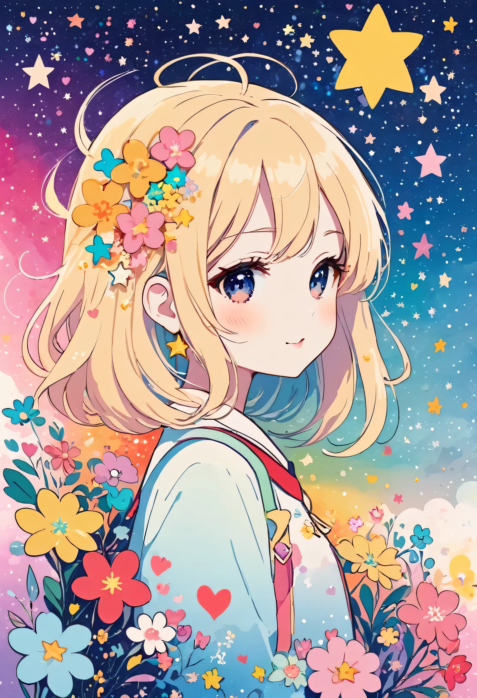 Mika Pikazo style, Simple Line Initialism，Abstract art，Kawaii Design, The most beautiful girl of all time、chibi, The background is star dust, colorful hearts, colorful flowers, 