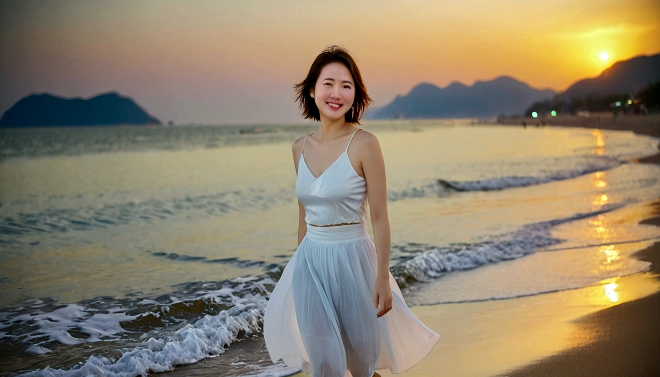sunset on the beach,바다에 잔광이 비치네sunset on the beach 붉은 태양,A strong lingering scent is reflected in the sea., Beautiful 46-year-old short Korean woman, Chest size 34 inches, Wear sleeveless, light skirt. beautiful pretty woman look , wearing a light skirt , Go far into the sea water and dip your toes., Short medium hair blowing in the wind, 1 short woman, beautiful eyes, a little smile, Full-body photo taken from afar with a wide-angle lens, The background is clean and perfect., waves moved by the wind, best high definition