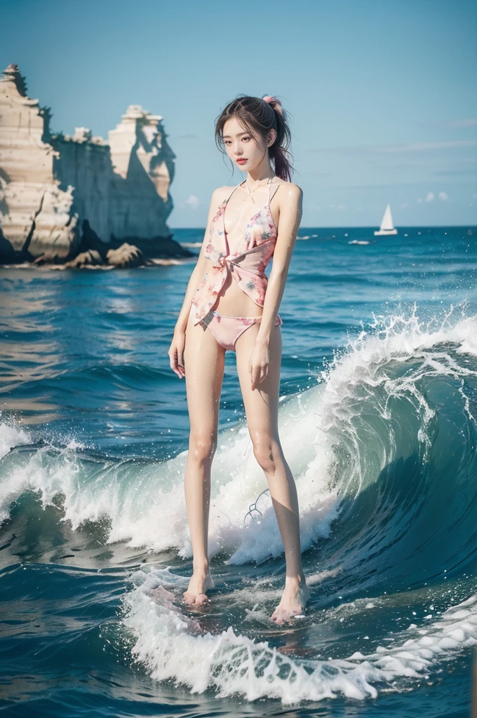 (((best quality))), (((ultra detailed))), (((masterpiece))), illustration,((1 beautiful young girl,solo)),((slim,thin)),(vibrant pink floral swimsuit:1.3),((small breasts,flat chest)),(short ponytail:1.2),((shiny skin,sweat,wet)),(slender legs:1.2),seaside, summer, joyful, playful, physical features, smooth fair skin, gentle sea breeze, endless azure sky, picturesque backdrop, whiteness of sand, deep blues of the sea, waves crashing, internal turmoil, transformation,on the cusp of womanhood, confidence, sexuality, metaphorical plunge, next chapter of life,significance of the moment, beauty of the seaside, celebration of youth, excitement of summer ahead,(standing:1.3),(from front:1.3),(full body:1.3)