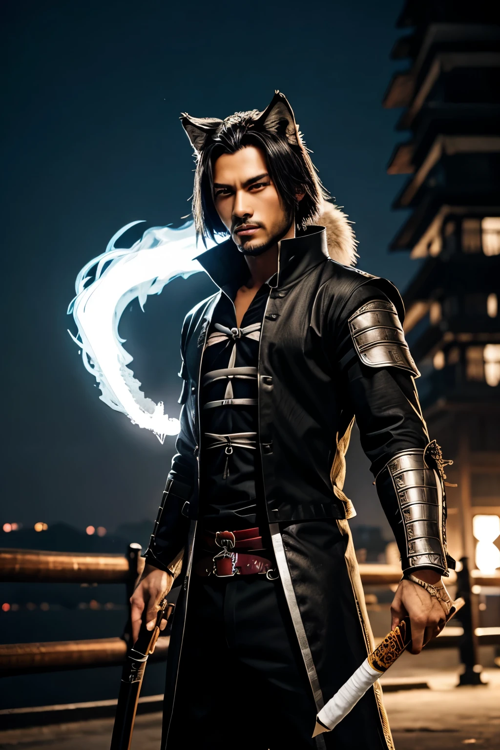 Wolf samurai with new generation clothes and cigerette