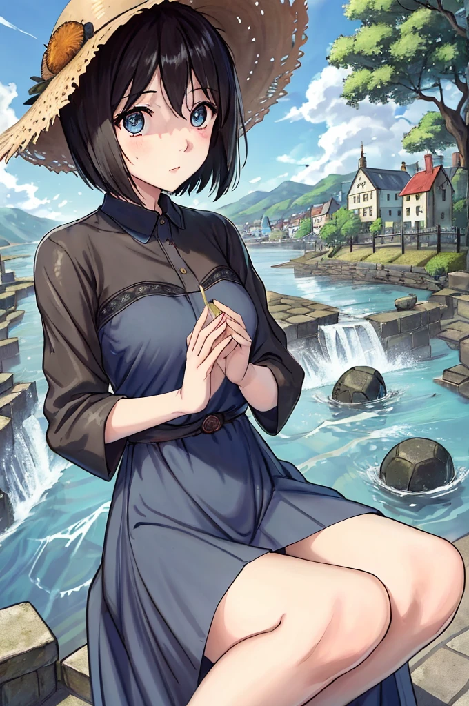 (masterpiece)、Highest quality、Ultra-high resolution、in front_Misaki、Short Hair、cute、Black long dress、Cobblestone Street、Lonely face、blue sea、Beautiful Landscape、Straw hat、View your viewers、Wave one hand、The blazing sun、beautiful girl、Blue sky、Coca-Cola　、Hollow Eyes