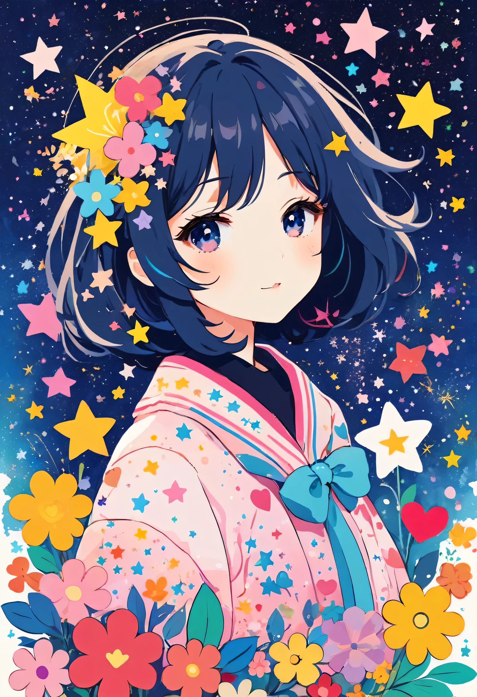 Mika Pikazo style, Simple Line Initialism,Abstract art,Kawaii Design, The most beautiful girl of all time、chibi, The background is star dust, colorful hearts, colorful flowers,
