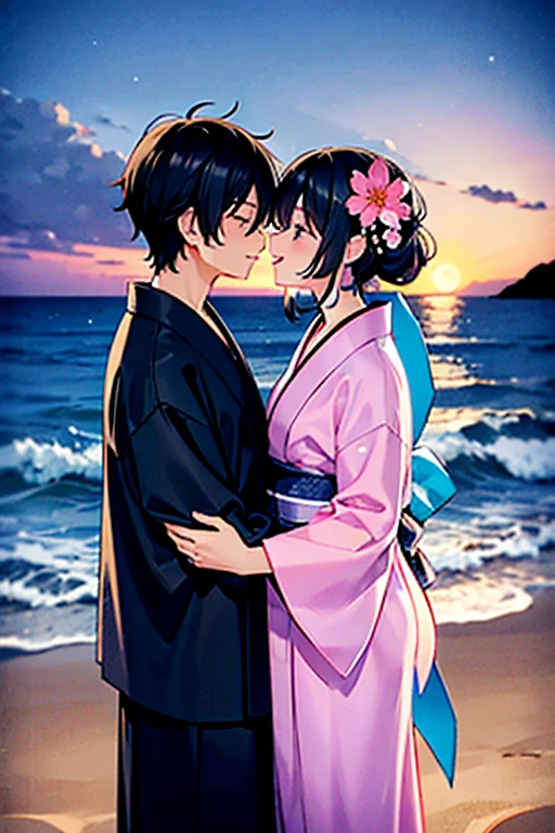 View of a beach with a body of water under the stars,Meteor-like path,浴衣を着たmalefemaleのカップル,laughing,Gazing at each other,Kiss each other,romantic,Two people making love in a beautiful place,Tanabata,A silhouette of a person can be seen in the background,Black Hair_male,Black yukata_male,Dark Chestnut Hair_female,Pale pink yukata_female,Floral Yukata_femaleの子,Flower Hair Ornaments_female