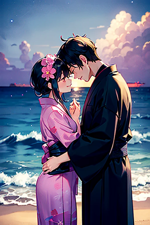 View of a beach with a body of water under the stars,Meteor-like path,浴衣を着たmalefemaleのカップル,laughing,Gazing at each other,Kiss each other,romantic,Two people making love in a beautiful place,Tanabata,A silhouette of a person can be seen in the background,Black Hair_male,Black yukata_male,Dark Chestnut Hair_female,Pale pink yukata_female,Floral Yukata_femaleの子,Flower Hair Ornaments_female