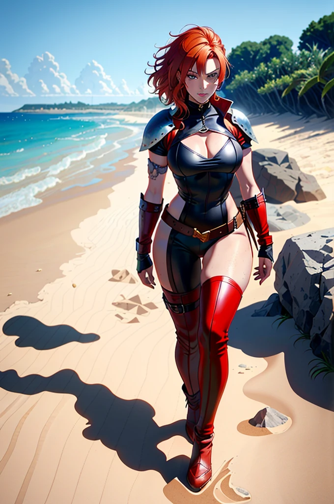 a woman with red hair, a very beautiful berserker woman, a pioneering barbarian pirate, wearing warrior leather armor, wearing left eye patch, similar to Red Sonja, Marvel-style super villain, 8K, better quality and full body in the image, walking on the beach.