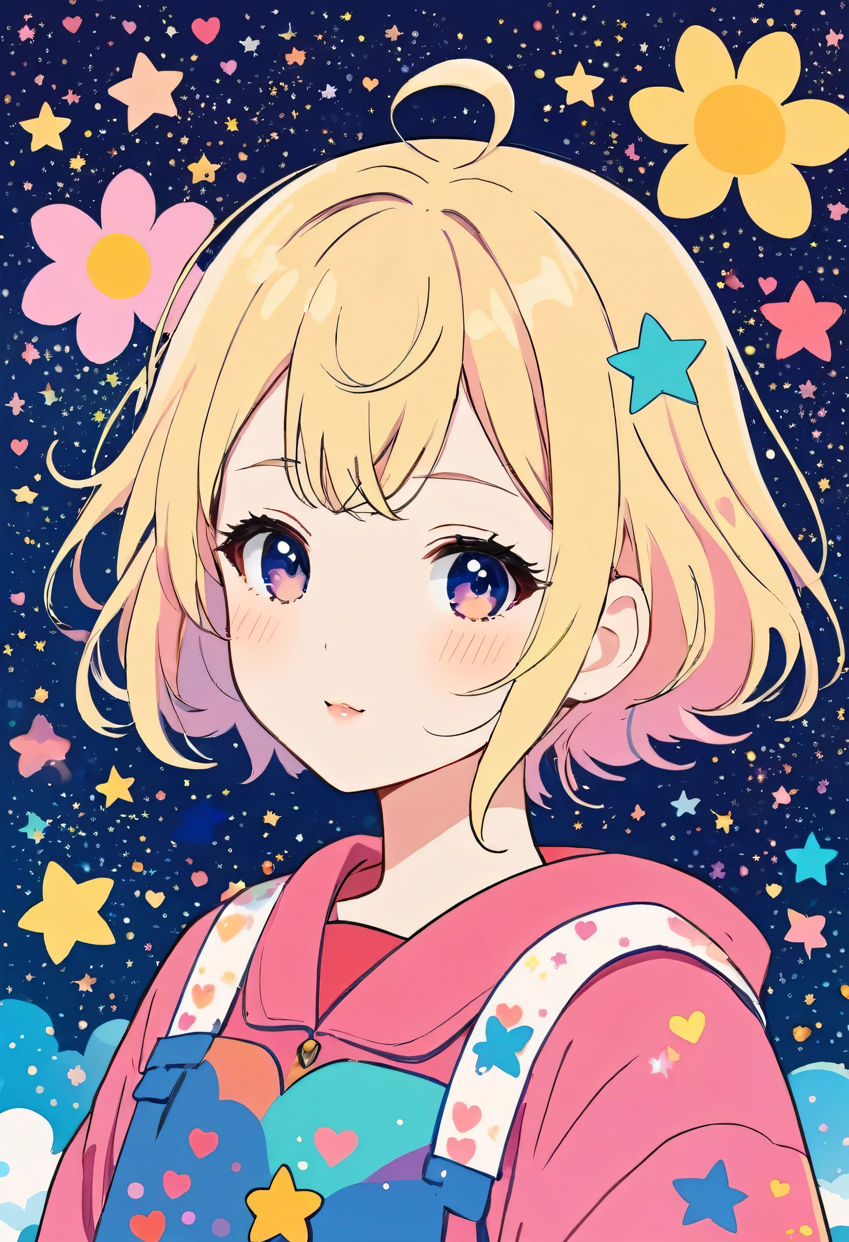 Mika Pikazo style, Simple Line Initialism，Abstract art，Kawaii Design, The most beautiful girl of all time、chibi, The background is star dust, colorful hearts, colorful flowers, 