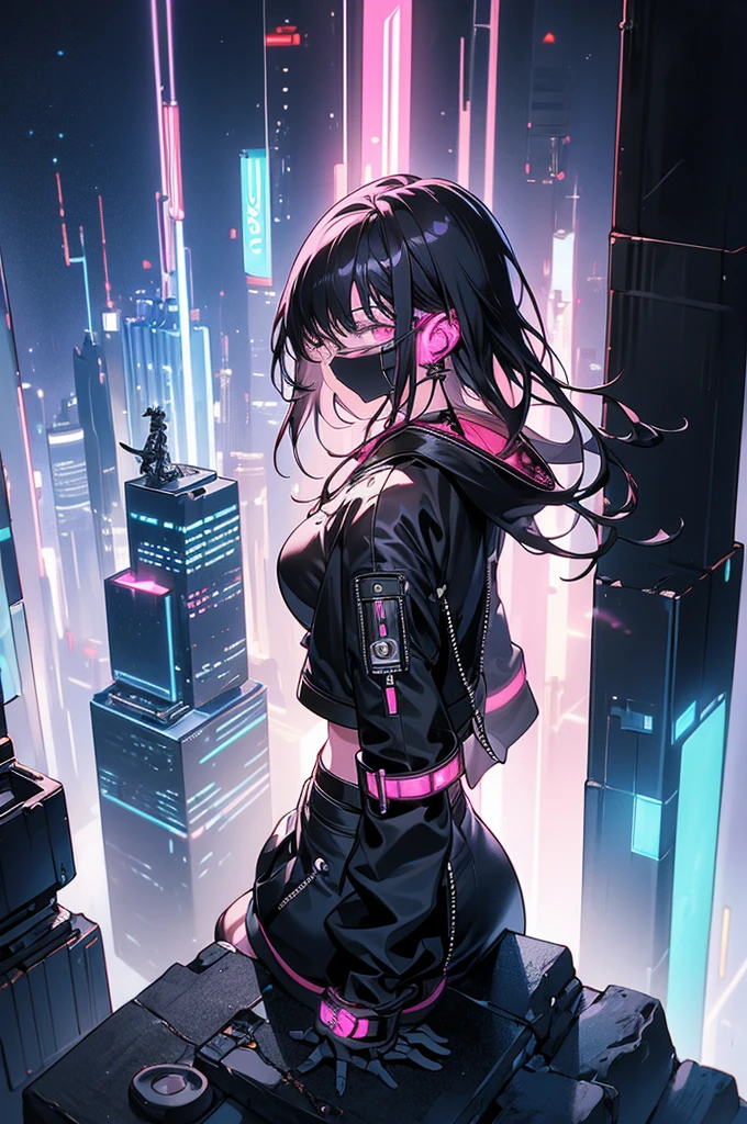 Highest quality, masterpiece, Ultra-high resolution,Two people standing on top of a building overlooking the city at night,Neon Town, cyber punk vibe, cyber punk art style, cyber punk vibes, digital cyber punk - anime art, cyber punk themed art, cyber punk anime art, digital cyber punk anime art, in cyber punk style, cyber punk artstyle, has cyber punk style, anime cyber punk art, in cyber punk city, cyber punk art, cyber punk))), cyber punk style, style of cyber punk