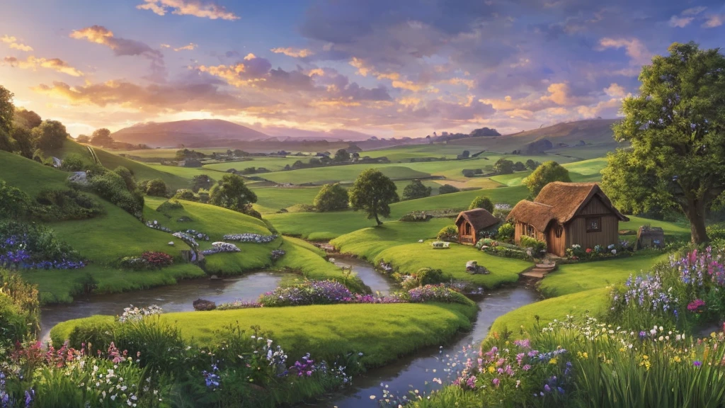 Create a wide landscape image of the Shire from 'The Lord of the Rings'. The scene should include rolling green hills, cozy Hobbit homes with round doors, lush gardens, winding paths, and a peaceful river. The atmosphere should be serene and idyllic, capturing the timeless beauty and tranquility of the Shire