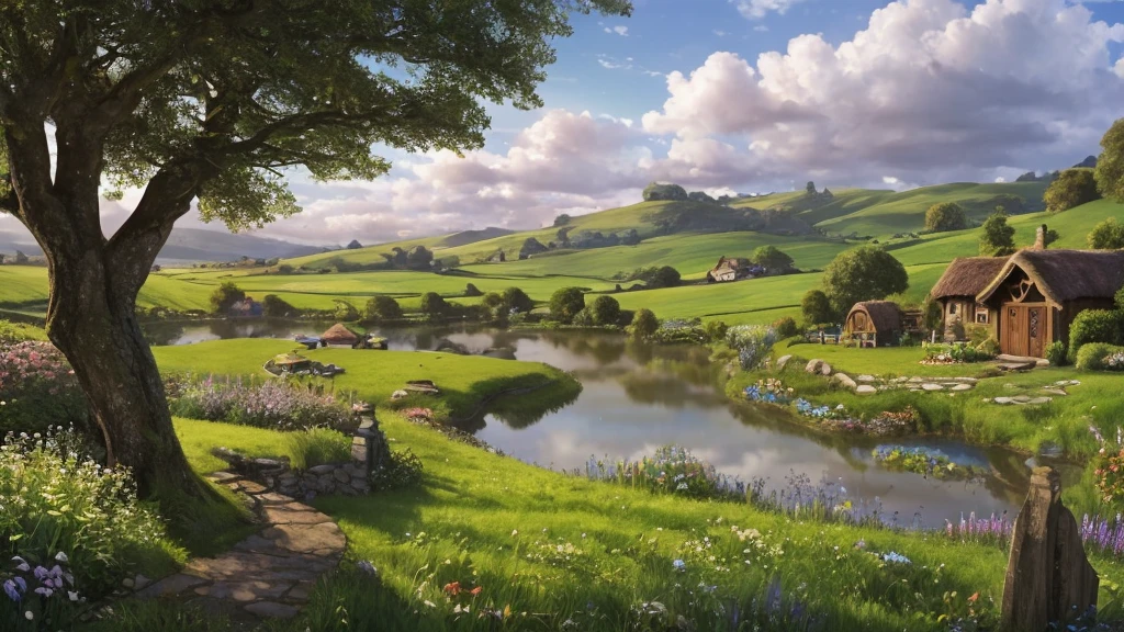 Create a wide landscape image of the Shire from 'The Lord of the Rings'. The scene should include rolling green hills, cozy Hobbit homes with round doors, lush gardens, winding paths, and a peaceful river. The atmosphere should be serene and idyllic, capturing the timeless beauty and tranquility of the Shire