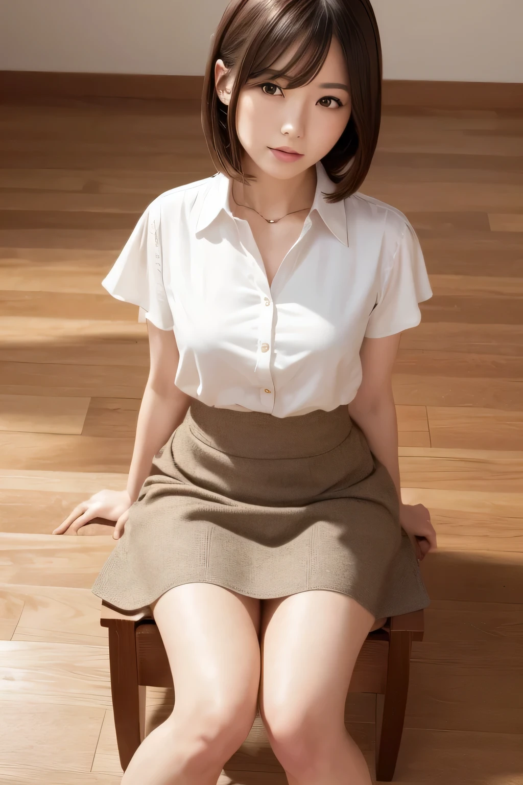 (8K, RAW photo, best quality, masterpiece:1.2), (realistic, photo-realistic:1.2), (extremely detailed 8K wallpaper), sharp focus ，professional lighting ，20 years old Japanese woman.perfect body ，famous japanese idol，Short Bob Hair、Dark brown hair color，flat chest:1.0 ，potbelly，White Room Wallpaper、(Oak Wood Flooring)，Perfect hands，(warering blouse:1.0)，skirt，top angle view:1.2，thigh focus，Stretching，(Extending the leg:1.1)、Sitting in a chair