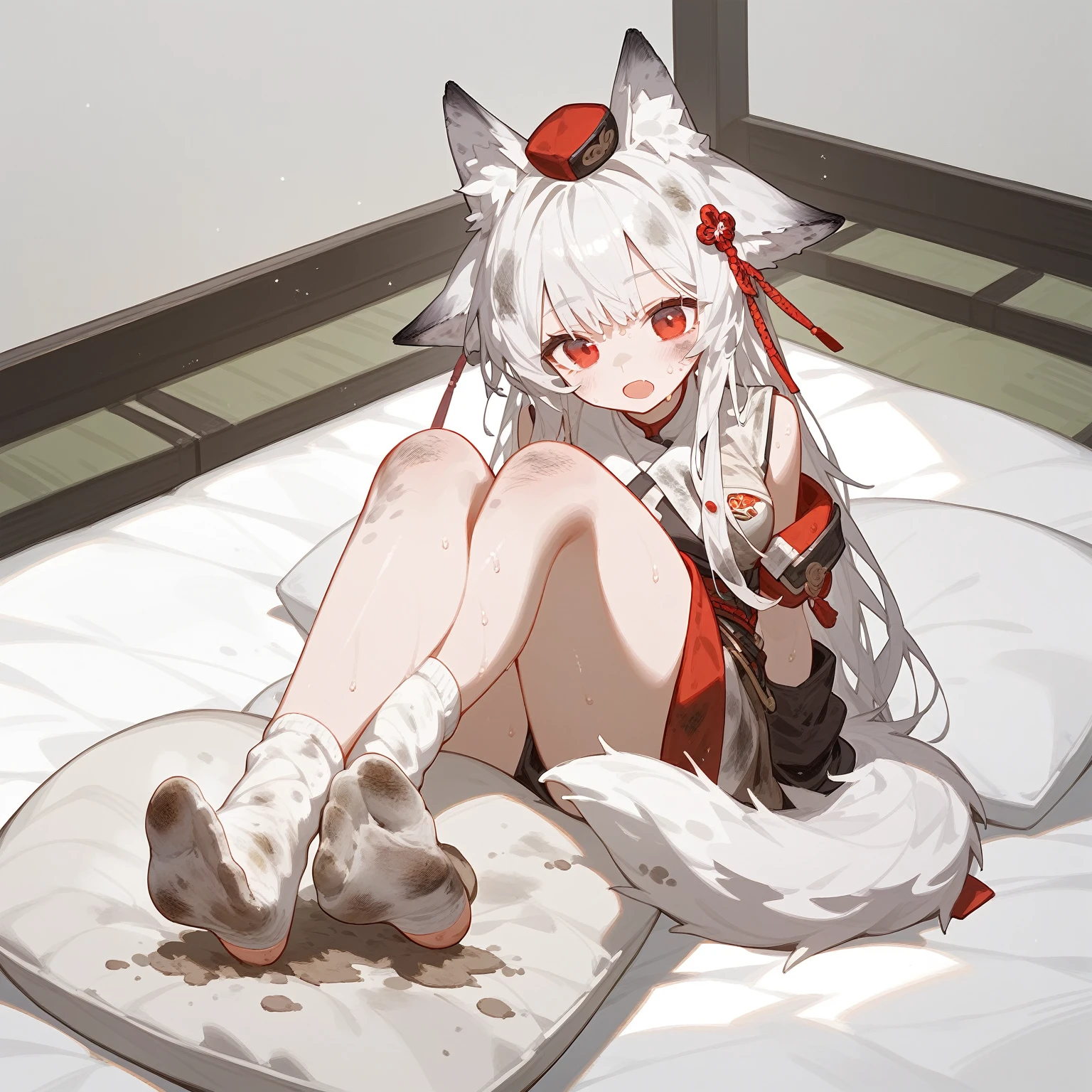 1 girl,dirty,foot,foot底,Red Eyes，breast,solitary,Long hair,White hair,,foot趾,foot部焦点,Looking at the audience,sit,Sweat,open mouth,dirty foot,Keep,indoor,Pillow,Bangs，White knee socks，Fox ears，There&#39;foot的泥土，White clothes，kimono，Japanese style，dirtyPillow，dirty床，女孩周围堆满Pillow，女孩踩踏2着Pillow，大量Pillow，Pillow上肮脏，,(Deluxe Rococo Canopy King Bed),On a big and spacious bed,(),,,,Luxurious curtains with ornate ruffles and ribbons surround the bed,((((There are many pillows piled on the bed)))),Detail of Quilt,Detailed bed sheets