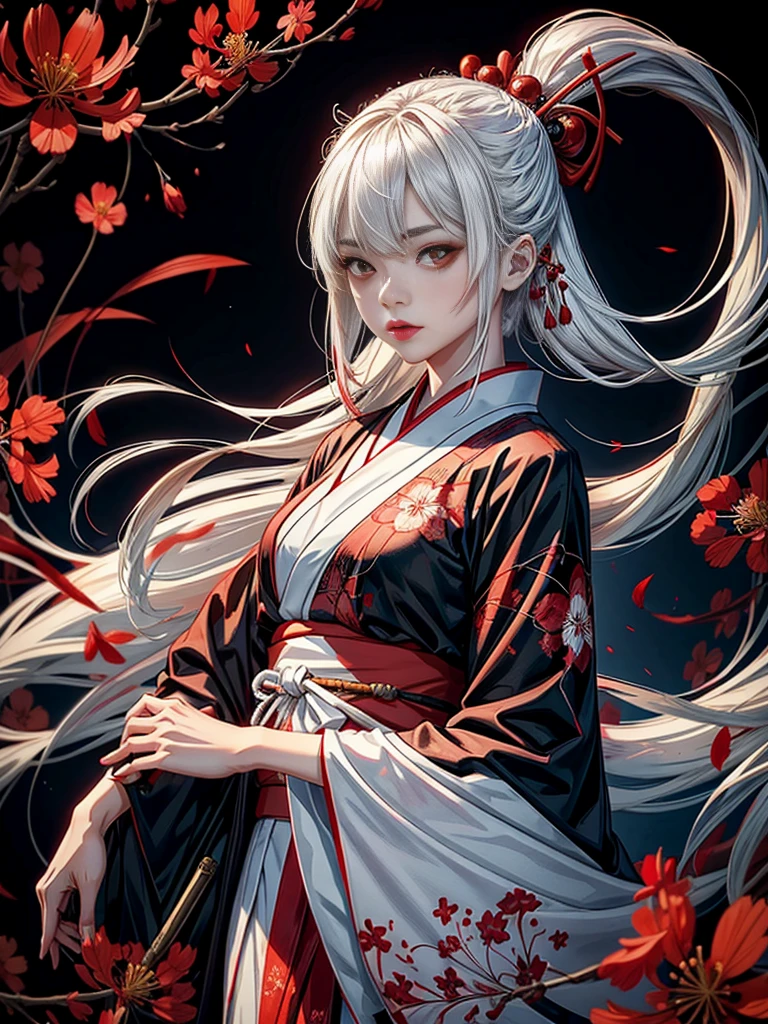 A girl in a kimono standing with a Japanese sword, White medium hair, Red eyes, Red lips, Kimono with red spider lilies on a black background, Red splash pattern on a black background, super high quality, Ultra-fine detail, Ultra-thin kimono pattern