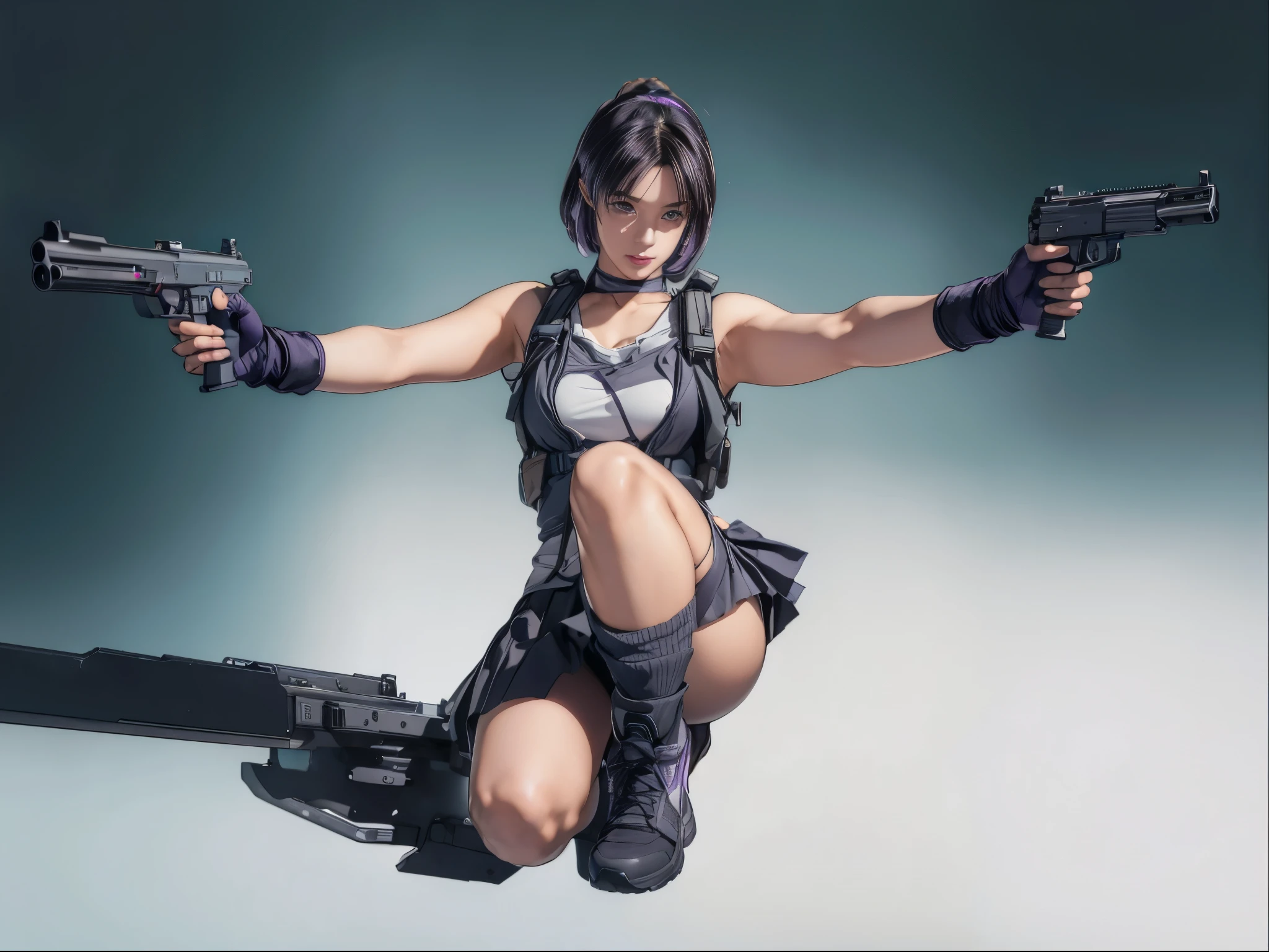 Elaizaikedareal, 1girl, solo, short hair, skirt, shirt, gloves, white background, bow, holding, , purple eyes, white shirt, weapon, purple hair, pleated skirt, shoes, black gloves, socks, bowtie, holding weapon, gun, sneakers, holding gun, armband, rifle, grey skirt, headset, assault rifle, grey gloves, load bearing vest