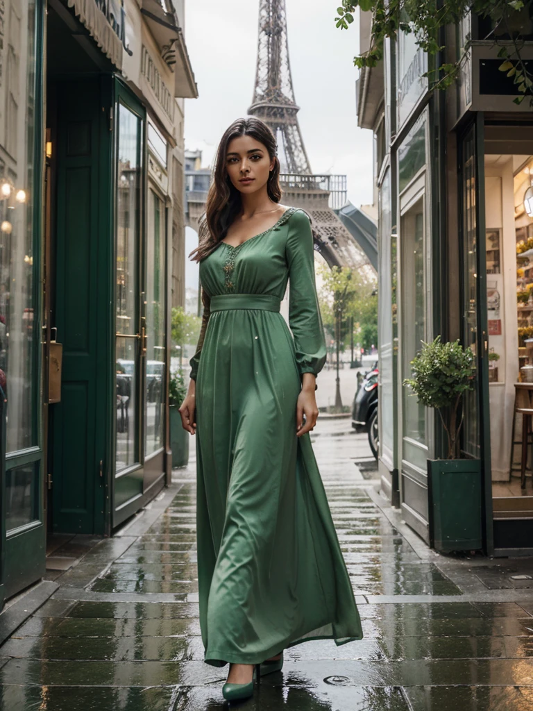 4D realistic image about beautiful turkish woman dynamic pose in the vintage of the Eiffel Tower background, wearing long dress, Parisian street with flower shops and cafes, raindrops on green leaves, detailed, soft lighting, romantic atmosphere, High resolution.