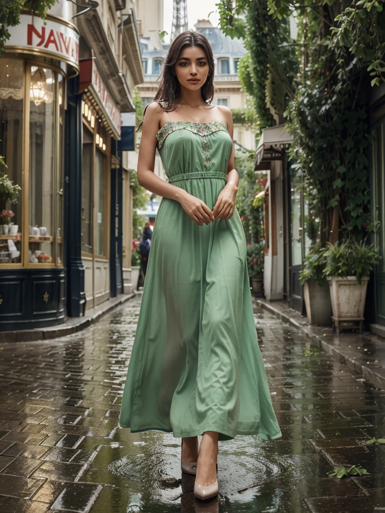4D realistic image about beautiful turkish woman dynamic pose in the vintage of the Eiffel Tower background, wearing long dress, Parisian street with flower shops and cafes, raindrops on green leaves, detailed, soft lighting, romantic atmosphere, High resolution.