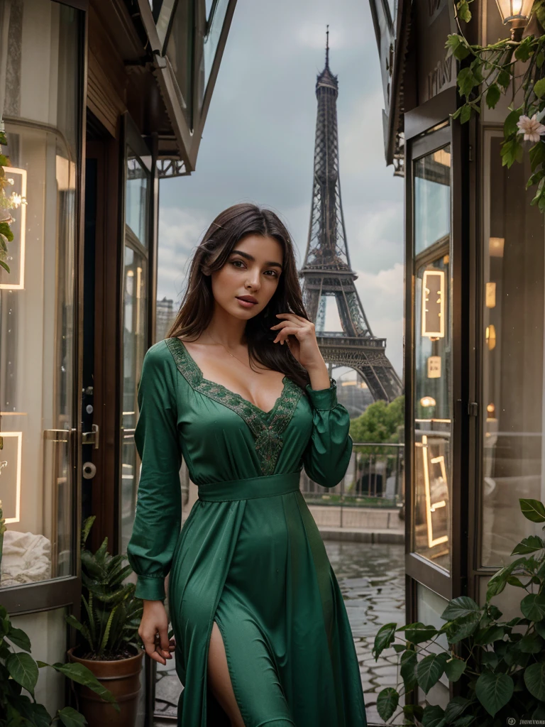 

4D realistic image about beautiful turkish woman dynamic pose in the vintage of the Eiffel Tower background, wearing long dress, Parisian street with flower shops and cafes, raindrops on green leaves, detailed, soft lighting, romantic atmosphere, High resolution.