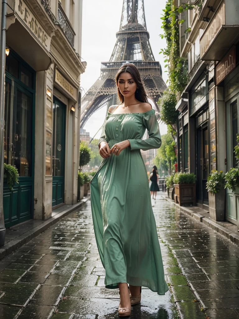

4D realistic image about beautiful turkish woman dynamic pose in the vintage of the Eiffel Tower background, wearing long dress, Parisian street with flower shops and cafes, raindrops on green leaves, detailed, soft lighting, romantic atmosphere, High resolution.