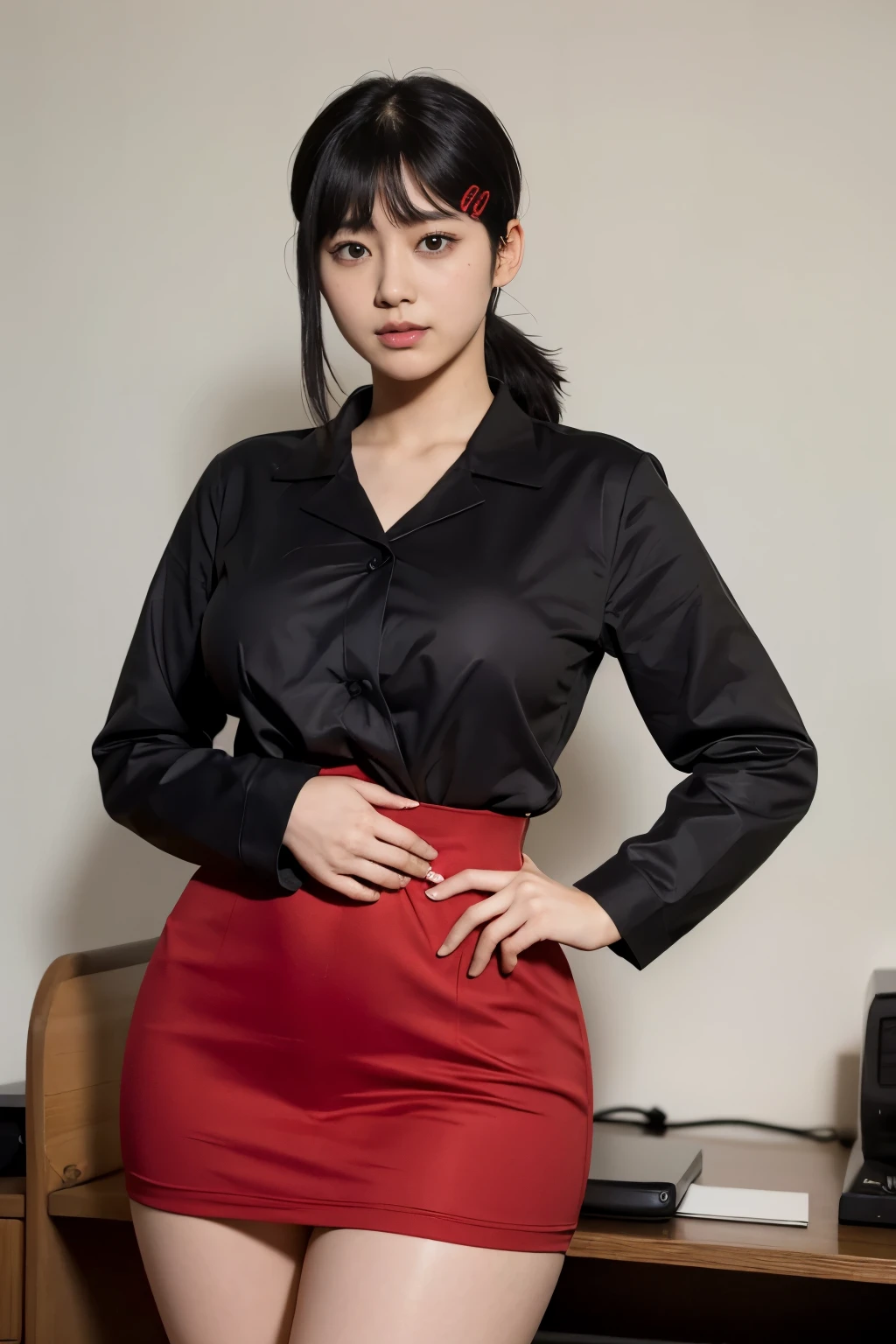 Highest quality、Ultra-high resolution、Professional Lighting、Detailed Background、workroom、whole body,Kobeni-chan、A sloppy smile、25-year-old woman、beautiful girl、(Kobeni-chan、Jet Black Hair, Black Hair, bangs, One-sided hair,)、(Red Hair Clip:1.1)、Japanese Uniform、(Breasts so big that they almost burst:1.2)、(Thick thighs:1.1)、Are standing、Model pose