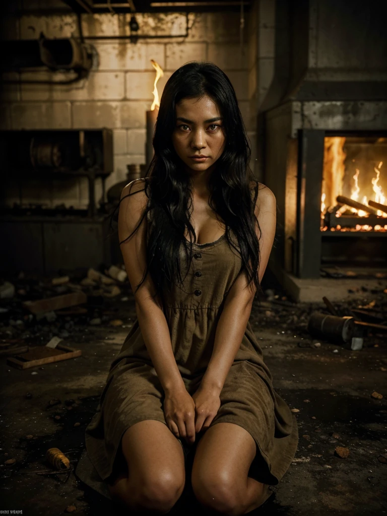A hauntingly beautiful and eerie scene of a sad-eyed Asian woman, sitting on the cold, industrial floor of an abandoned steel factory. She is dressed in a tattered beige dress, her long, wavy black hair slightly messy. A flickering campfire provides a meager source of warmth in the oppressive atmosphere. The woman's eyes are filled with fear as a supernatural figure emerges from the shadows: a massive black wolf beast with piercing yellow eyes. Its presence looms over her, creating an intense contrast between the warm fire and the cold, desolate surroundings. The image is mesmerizing, drawing the viewer into the woman's plight and the eerie ambiance of the factory.