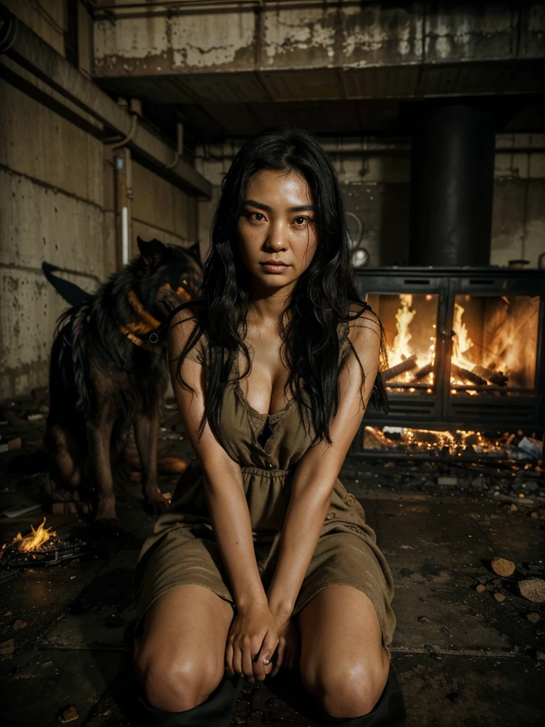 A hauntingly beautiful and eerie scene of a sad-eyed Asian woman, sitting on the cold, industrial floor of an abandoned steel factory. She is dressed in a tattered beige dress, her long, wavy black hair slightly messy. A flickering campfire provides a meager source of warmth in the oppressive atmosphere. The woman's eyes are filled with fear as a supernatural figure emerges from the shadows: a massive black wolf beast with piercing yellow eyes. Its presence looms over her, creating an intense contrast between the warm fire and the cold, desolate surroundings. The image is mesmerizing, drawing the viewer into the woman's plight and the eerie ambiance of the factory.