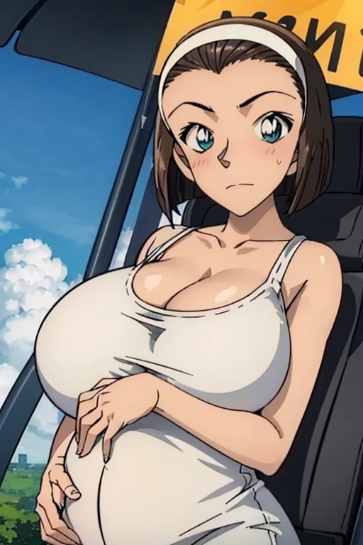 looking at the camera、When I Look at You、lookatviewer、Anime Style、Eroge、1 Girl,  (Huge breasts), (Tight white camisole dress)、Low Angle、Brown haired, hair band、Bob Hair、The forehead is visible、blush,The whole body is visible:1.5、Dolphin Shorts、Cleavage、O-neck、Pregnant belly