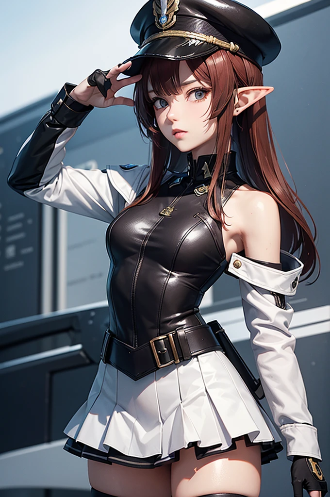 Create a highly detailed 3D rendering of a character named Ulc from SEGA's PSO2. The character is an elf-like female with pointed ears and long, straight, dark red hair. She wears a futuristic, military-style uniform with gray and white colors. (small military garisson cap), The uniform includes a fitted jacket with intricate white designs, shoulder epaulets, and a skirt. She has a serious expression and is depicted with one hand near her ear as if she is communicating through a device.  (shiny skin)