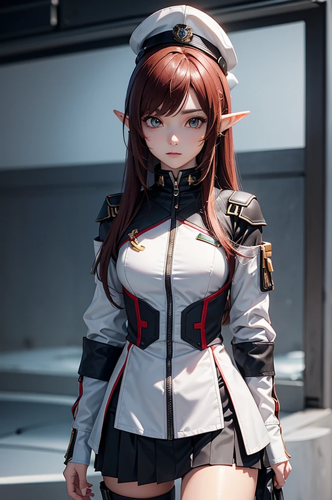 Create a highly detailed 3D rendering of a character named Ulc from SEGA's PSO2. The character is an elf-like female with pointed ears and long, straight, dark red hair. She wears a futuristic, military-style uniform with gray and white colors. (small military garisson cap), The uniform includes a fitted jacket with intricate white designs, shoulder epaulets, and a skirt. She has a serious expression and is depicted with one hand near her ear as if she is communicating through a device. (shiny skin)