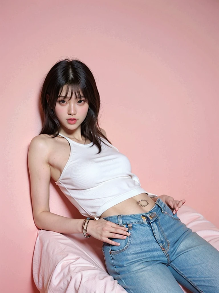 Cool beauty，Looks sweet. Wearing white tanktop, natural big breast, plump body, big thigh. Denim pants. Pink background.