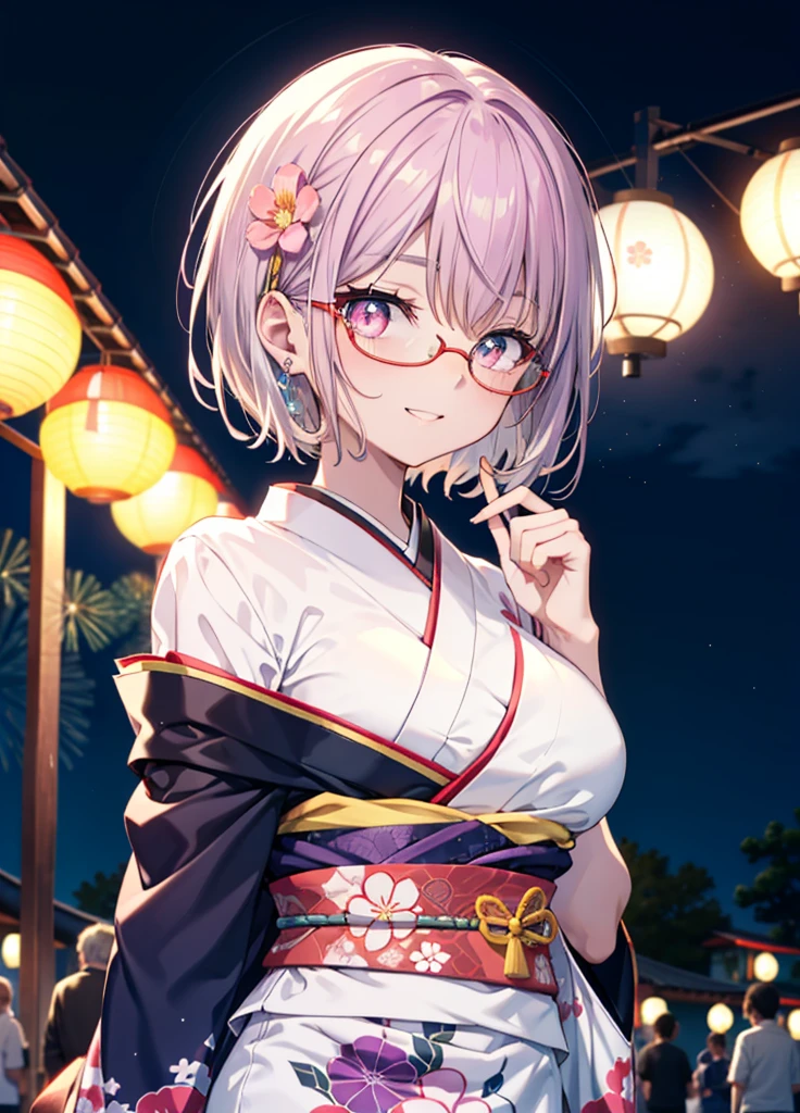 akaneshinjou, shinjou akane, Light purple hair, (Pink Eyes:1.2), happy smiles, Flower Hair Ornaments,smile, Open your mouth,short hair,Red-rimmed glasses,Big Breasts,Purple kimono,Thick sleeves,Japanese Festivals,Summer festival food stalls,Red Lantern,firework,場所はfirework大会、Time is night,Are standing,whole bodyがイラストの中に入っていくように,
break looking at viewer, whole body, 　　　　　　　　break indoors, room,　　　　　　　　　　 　　　break (masterpiece:1.2), Highest quality, High resolution, unity 8k wallpaper, (shape:0.8), (Beautiful and beautiful eyes:1.6), Highly detailed face, Perfect lighting, Extremely detailed CG, (Perfect hands, Perfect Anatomy),