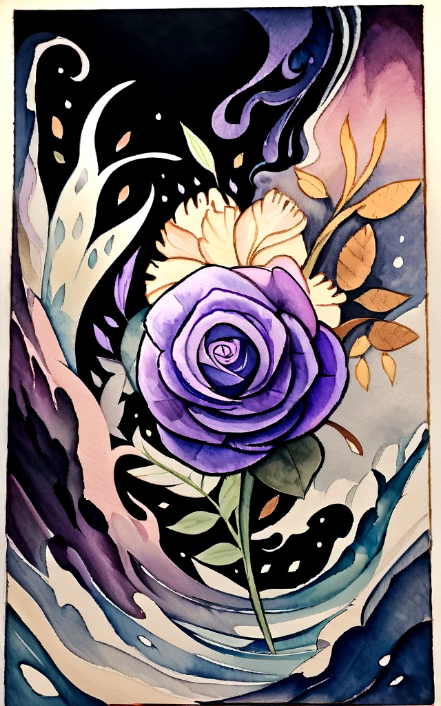 a painting of purple rose with black background, by Eugeniusz Zak, water color art, Mr. Károly Lotz, Watercolor painting, Watercolor painting style, watercolor detailed art, Lt. Reuben Tam, digital watercolor painting, Watercolor paint, Masterfully detailed watercolor, water color art, Grzegorz Rutkowski